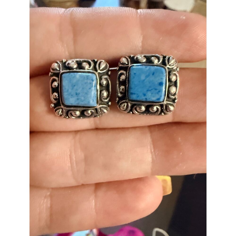 Vintage Sodalite Square 925 Stud Earrings Blue Handmade in Mexico